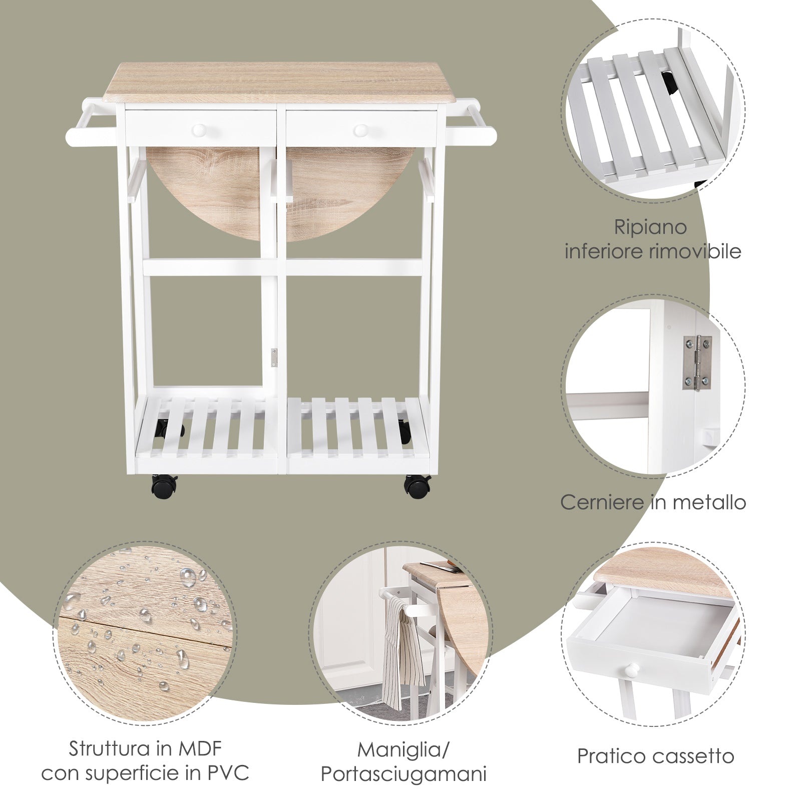 Folding Kitchen Cart with 2 White MDF wooden stools - Borgè