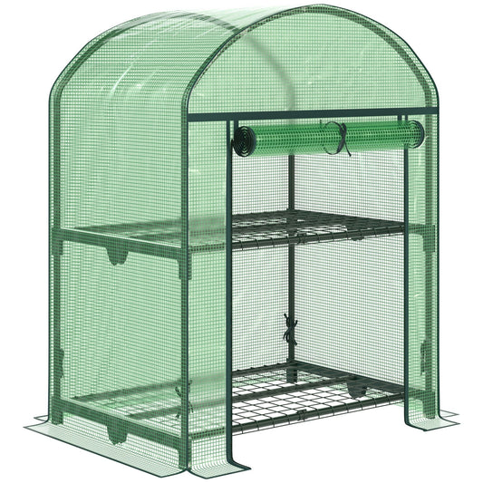 Outsunny mini garden greenhouse with 2 metal shelves and pear coverage, 69x49x92cm, green - Borgè