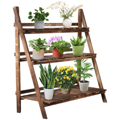 Outsunny Folding Board of Abete wooden carrier with 3 levels Outdoor shelf for plants 100x37x93cm - Borgè