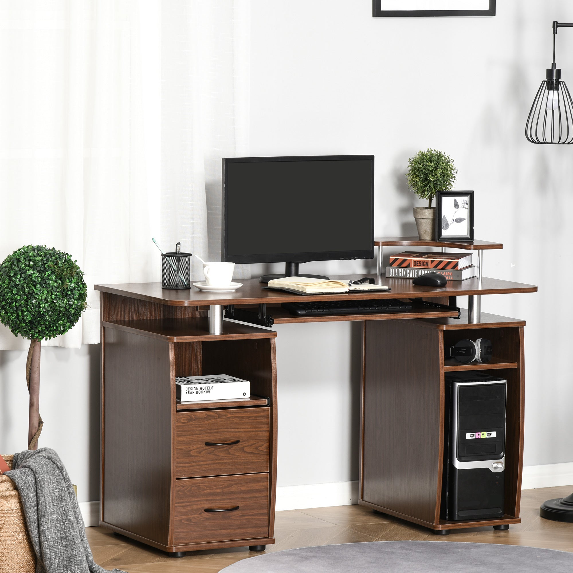 Desk PC Wooden Door With Drawers And Home Keyboard and Walnut Office - Borgè