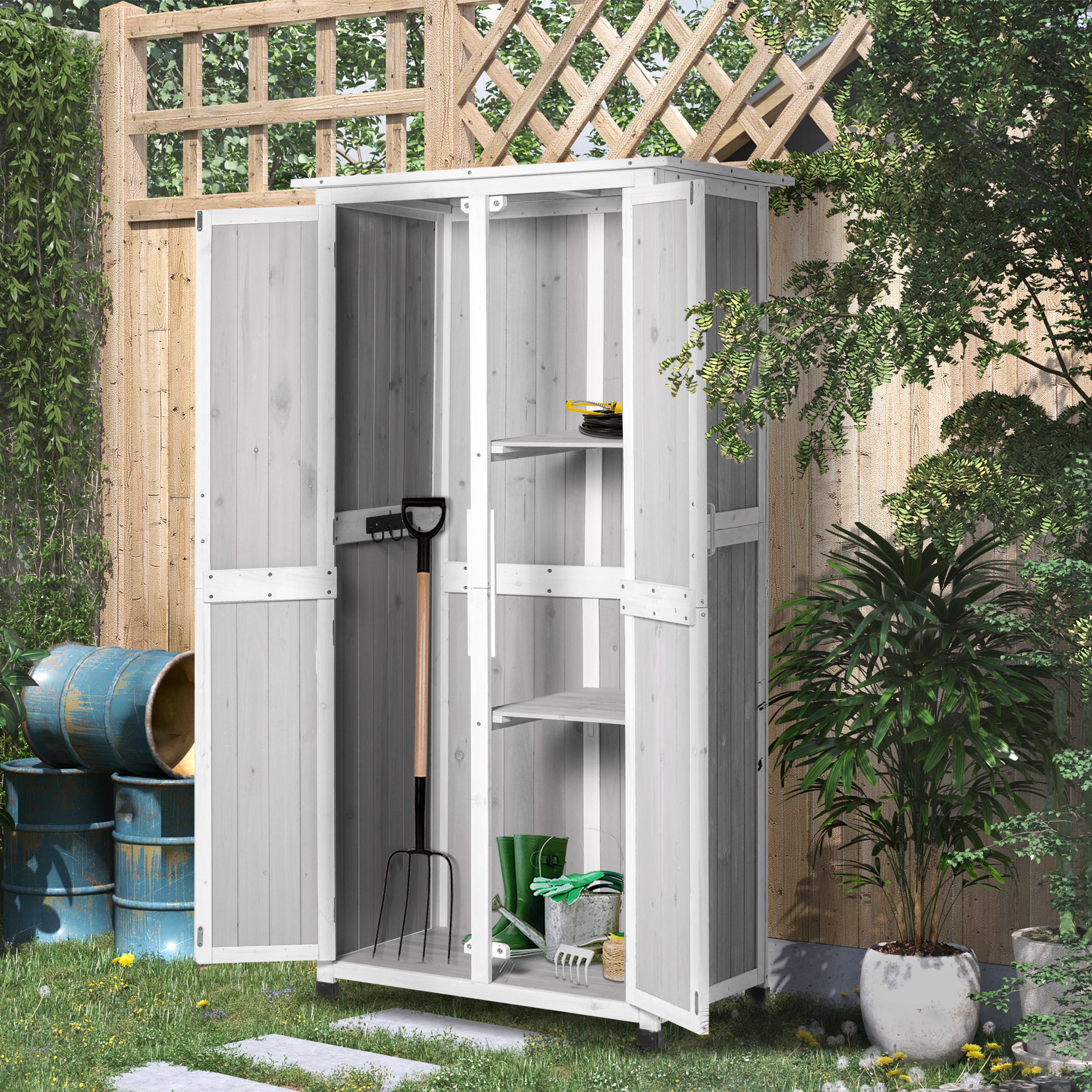 Outsunny house holder in 3 -level fir wood tools with bitumen roof, 77x58x175 cm, gray - Borgè
