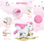 Unicorn Rocking Horse with Music, Metal and Wood Frame, Plush Cover, 65x32x55cm, White Pink - Borgè