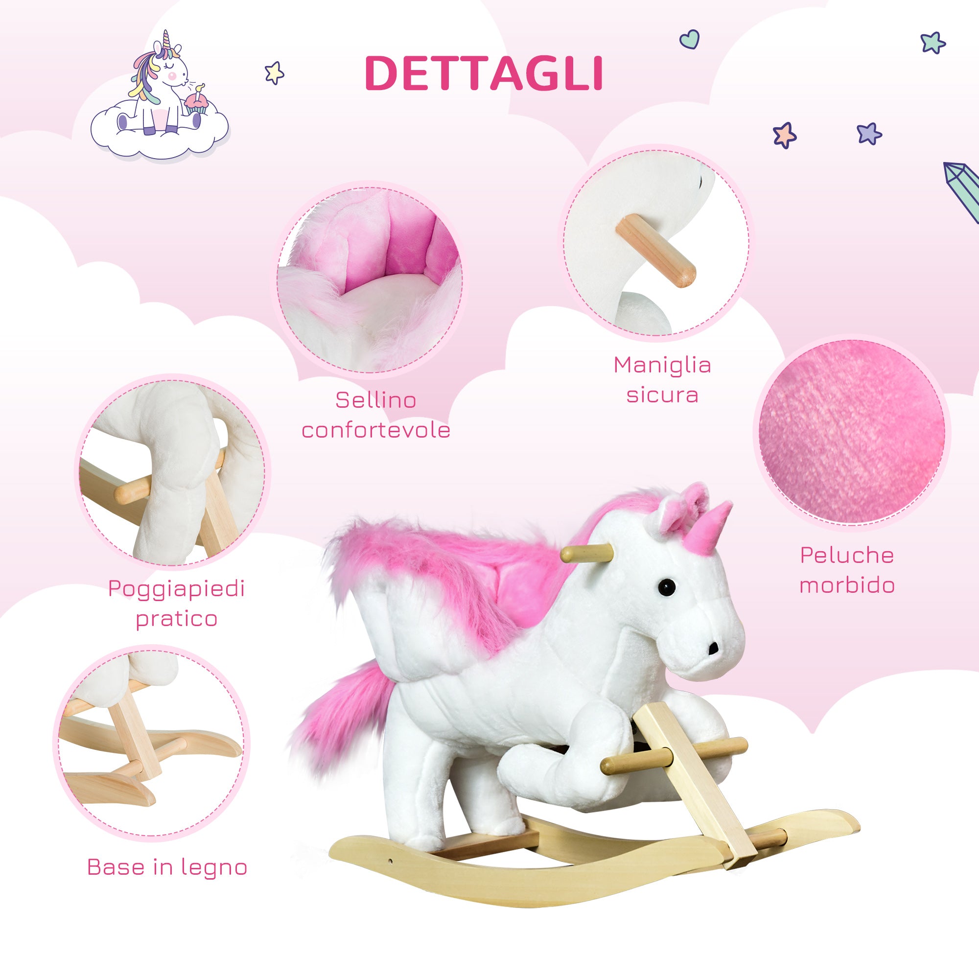 Unicorn Rocking Horse with Music, Metal and Wood Frame, Plush Cover, 65x32x55cm, White Pink - Borgè