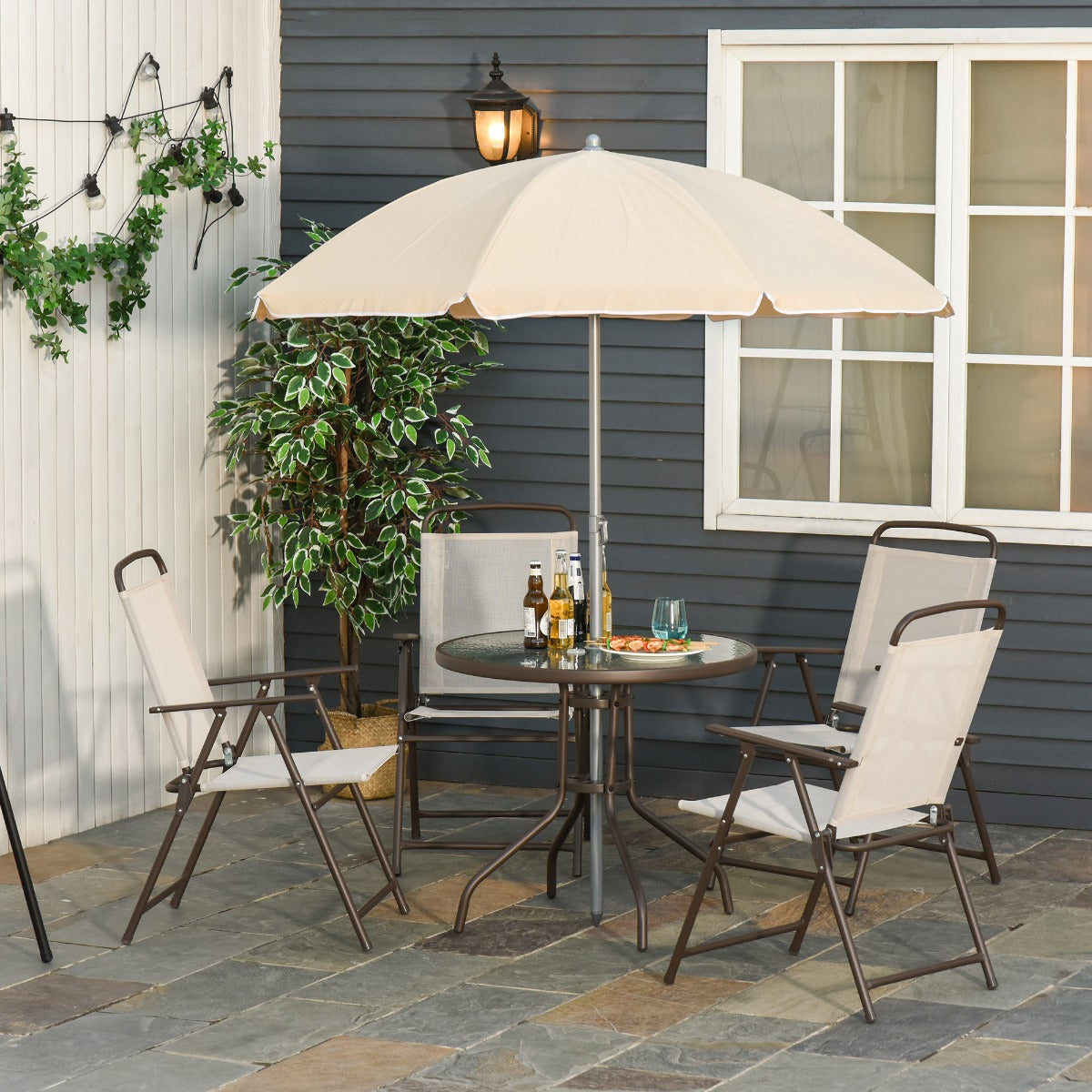 6-Piece Steel Pipe Garden Furniture Set, Garden Table with Chairs and Umbrella, Cream - Borge' Group Limited