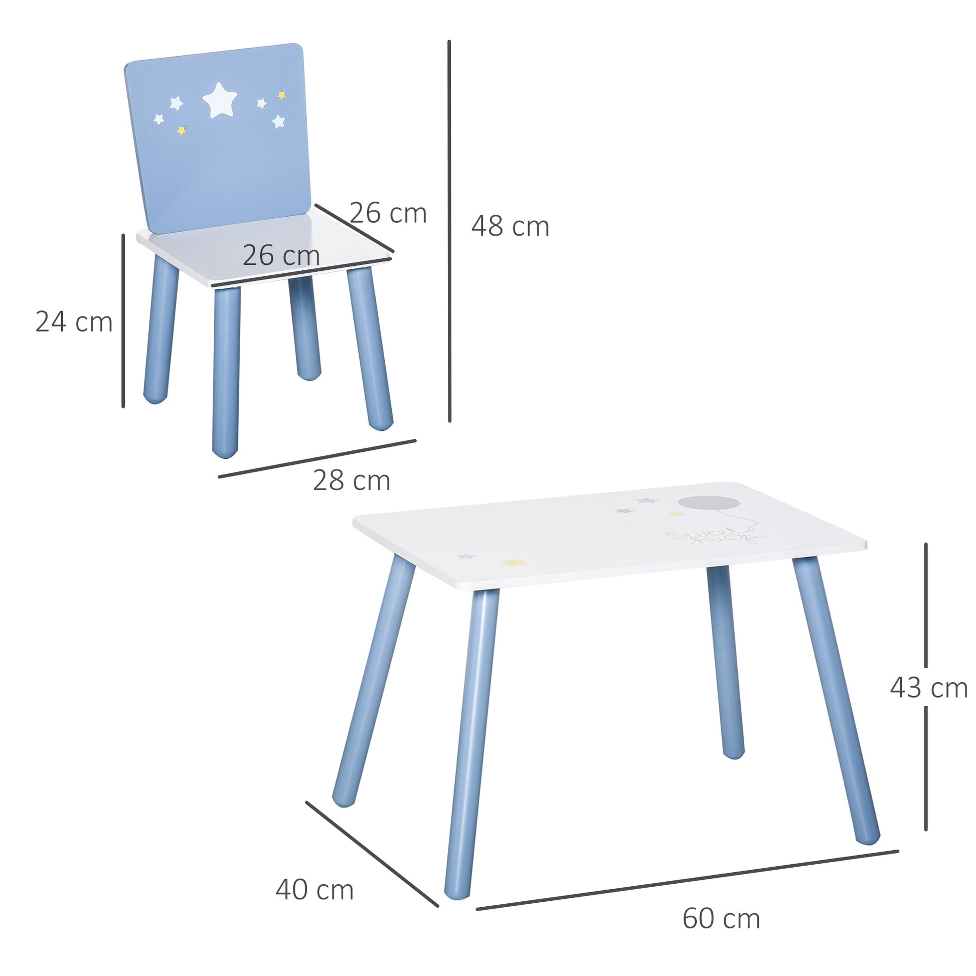 Homcom table with chairs for children and girls 2-6 years in blue and white wood - Borgè