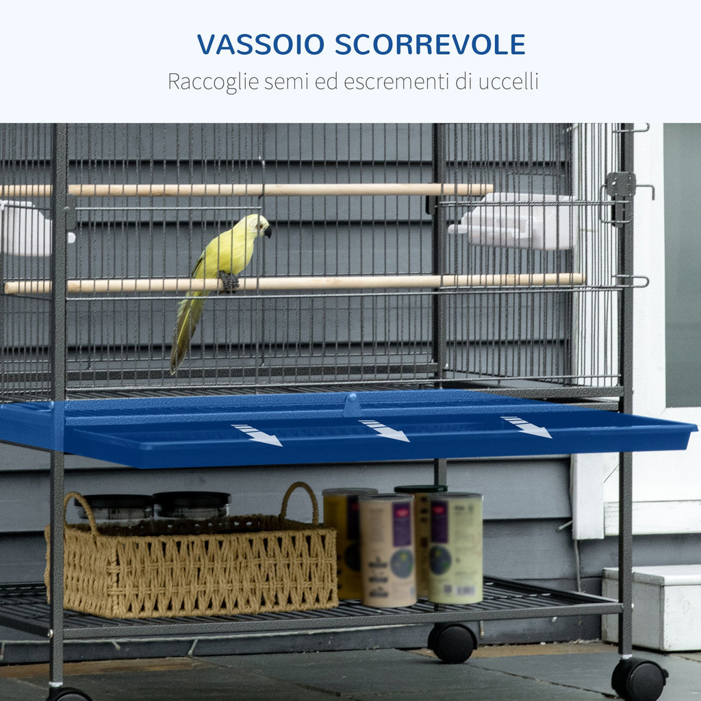 Steel / Wooden Indoor Bird Cage with Tray, 4 Wheels and Perch, 78x52x132cm - Borge' Group Limited