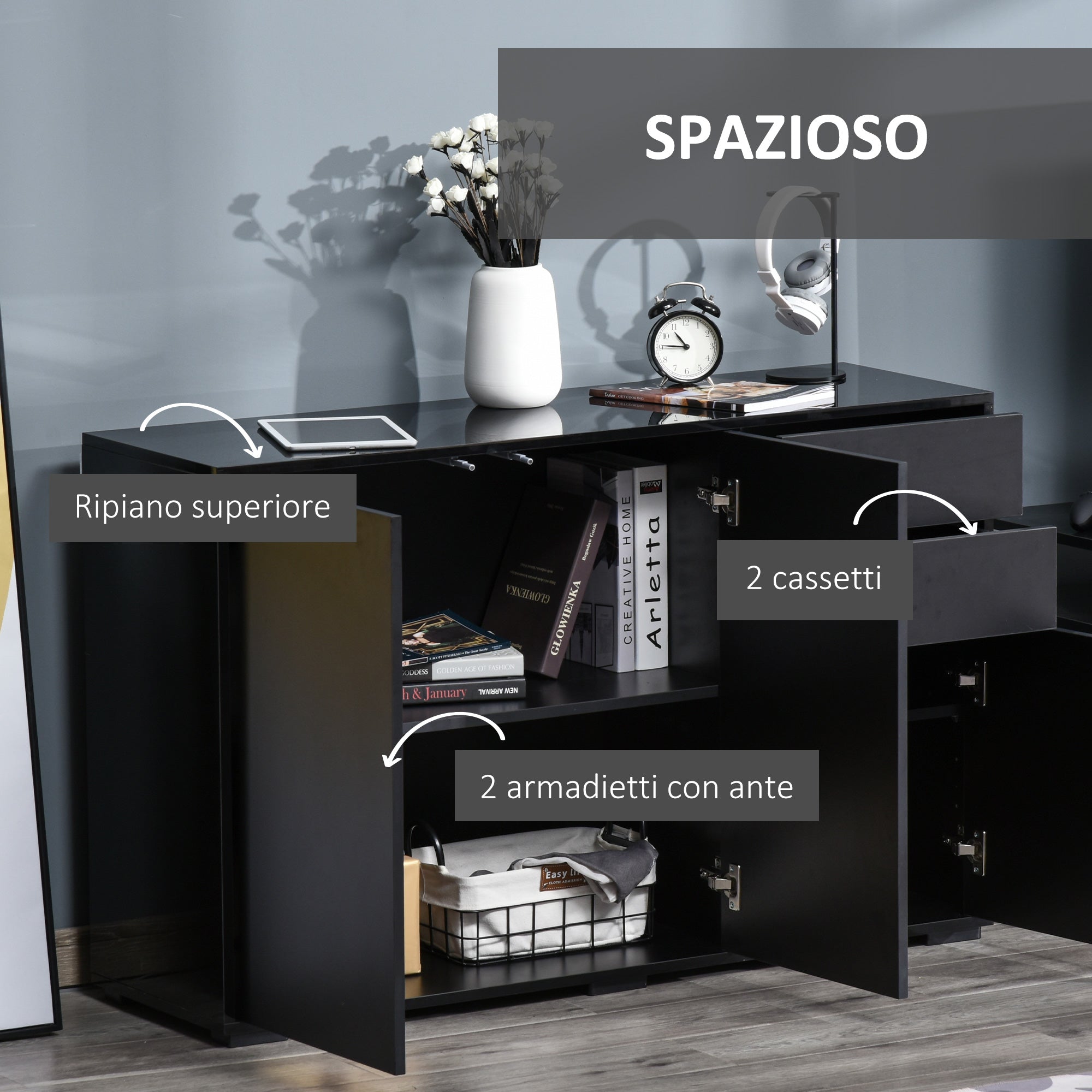 Homcom Black Multiuse Cabinet with 2 drawers and 2 Pressure opening cabinets, 117x36x74cm - Borgè