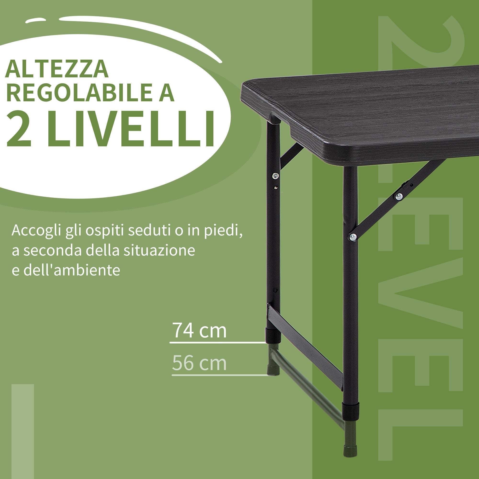 Folding Garden Table for 4 People with Adjustable Height, in Steel and HDPE, 118x60x74 cm - Borge' Group Limited