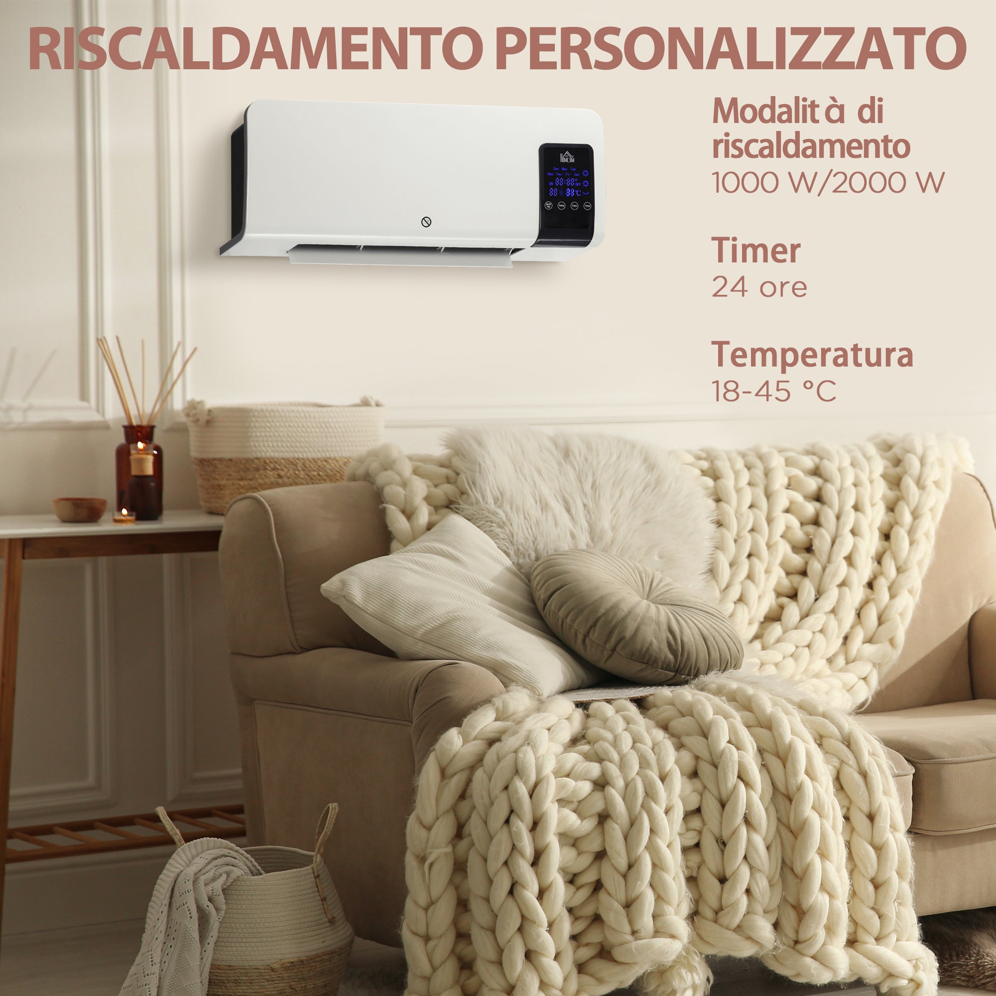 Wall Fan Heater with 12h Timer and 2 Heating Modes, 54.5x12x21.5 cm, White - Borgè