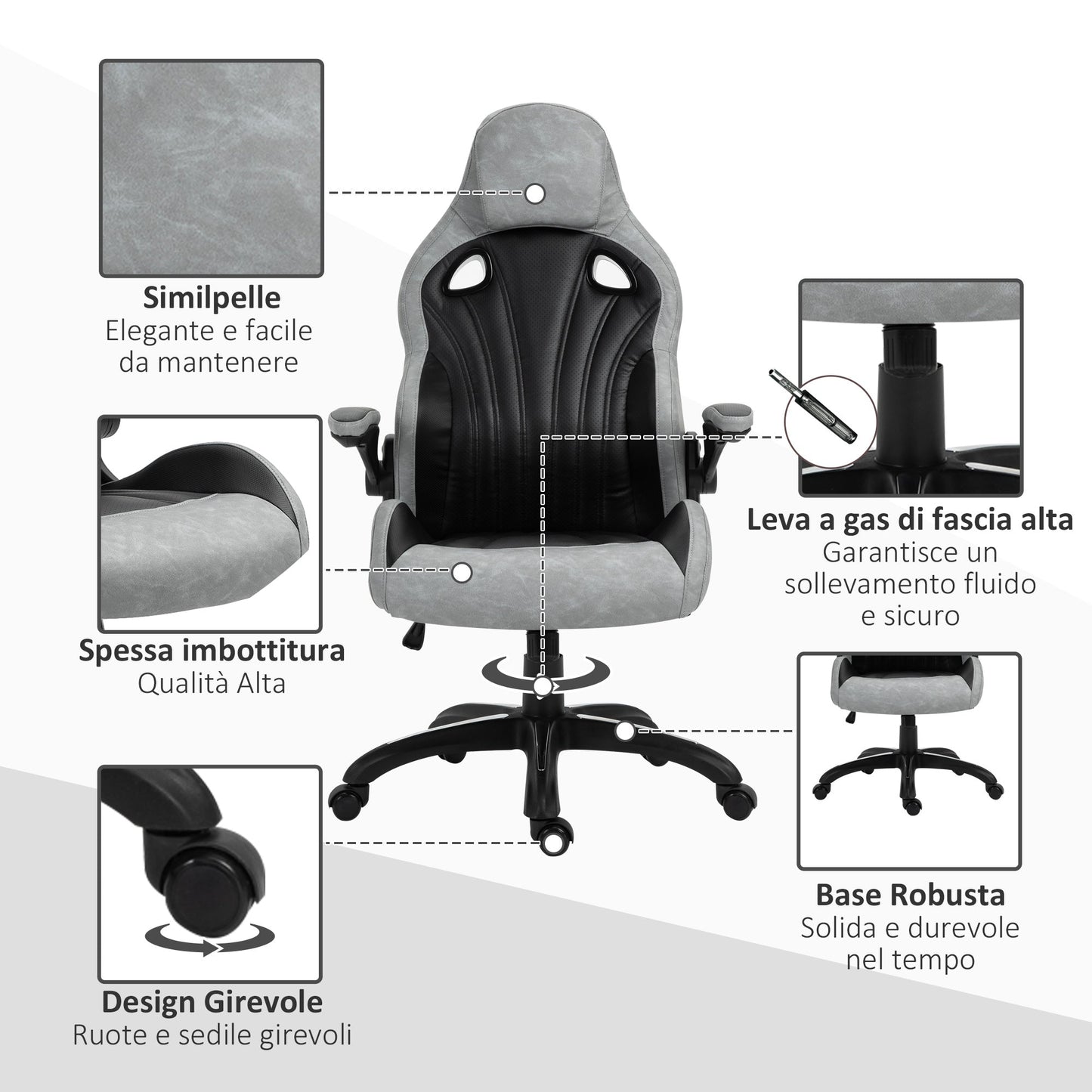 Office Chair Gaming Chair, Ergonomic with High Backrest, Swivel and Adjustable Height, Black and Grey