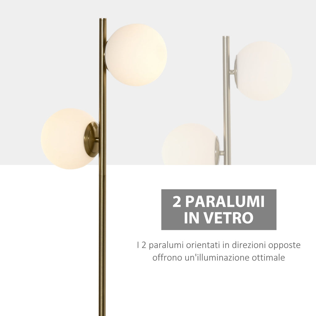 ground lamp with 2 sphere lampshades and pedal switch, 35x35x165cm, gold and white - Borgè