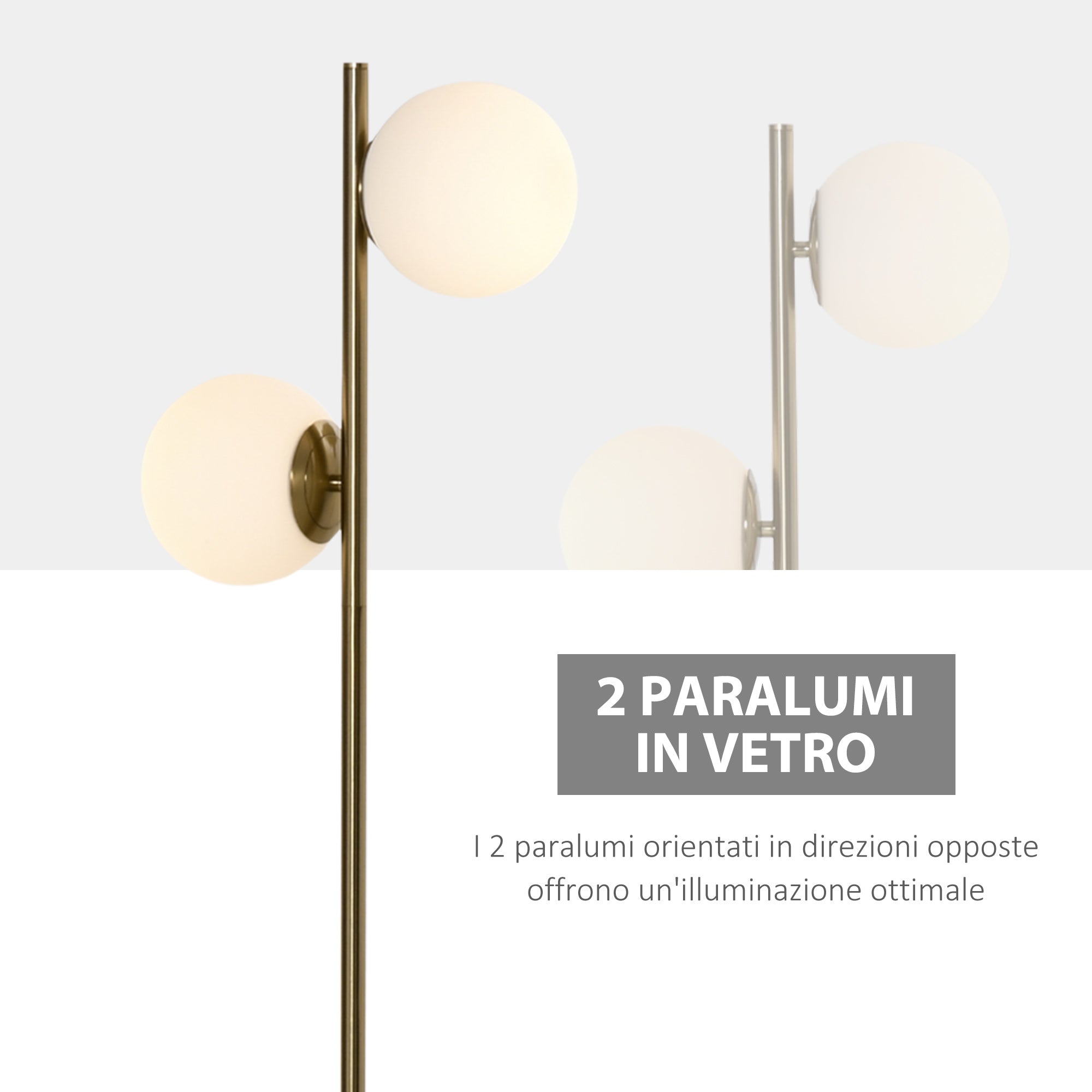 ground lamp with 2 sphere lampshades and pedal switch, 35x35x165cm, gold and white - Borgè