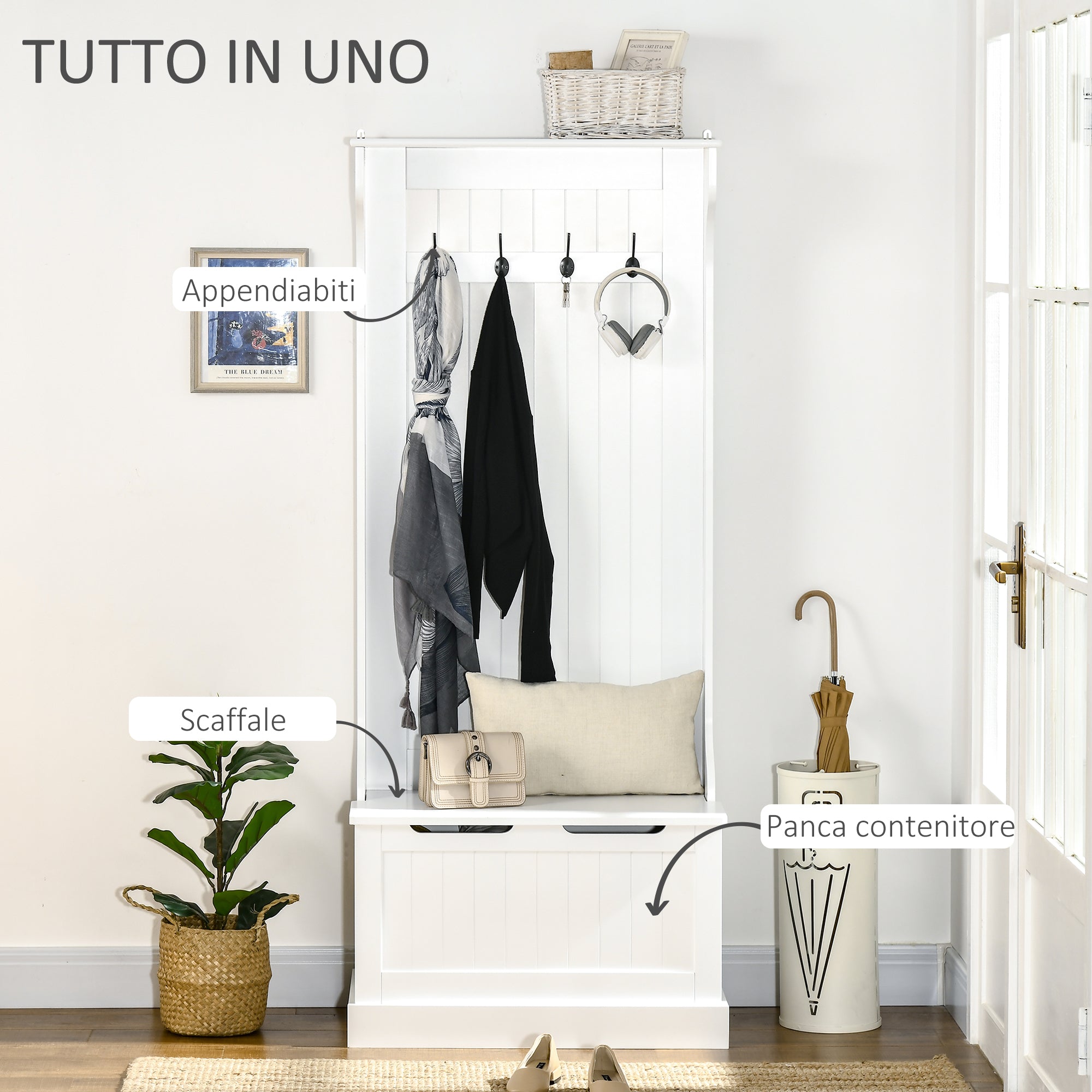 White Entrance Bench with Coat Hangers | 71.5 x 39.5 x 170cm - Borgè