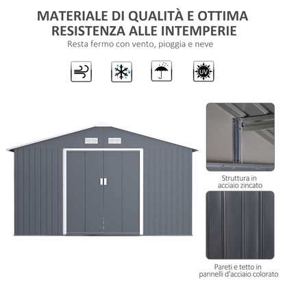 Outsunny garden house with double sliding doors, steel garden shed, 340x386x200cm, Grey - Borgè