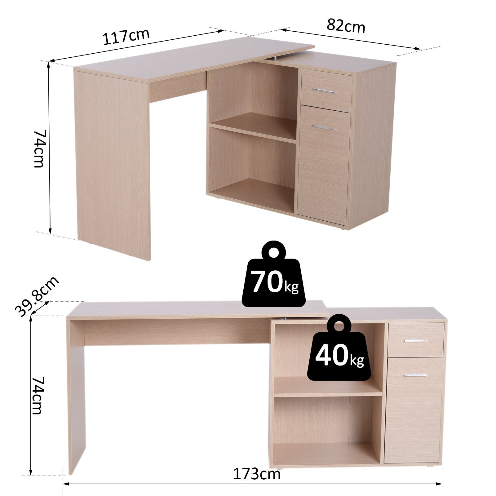 desk corner with 2 shelves and 2 drawers, oak wood, 117x82x74cm - Borgè