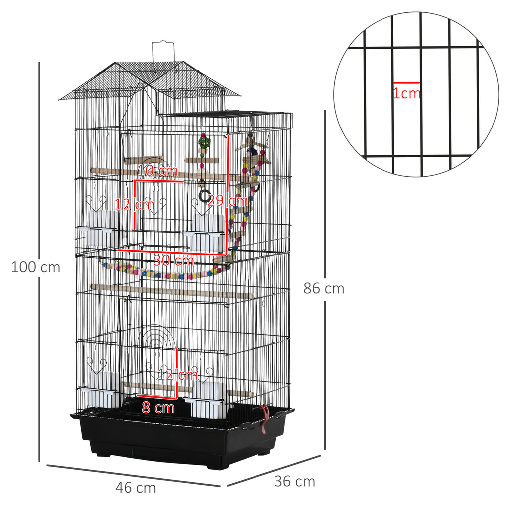 Pawhut bird cage with ladder, swing, bowls and games, in steel, pp and wood, 46x36x100 cm, black - Borgè