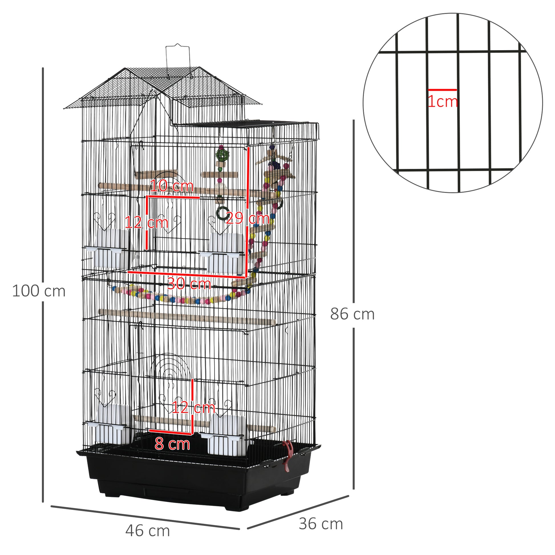 Pawhut bird cage with ladder, swing, bowls and games, in steel, pp and wood, 46x36x100 cm, black - Borgè