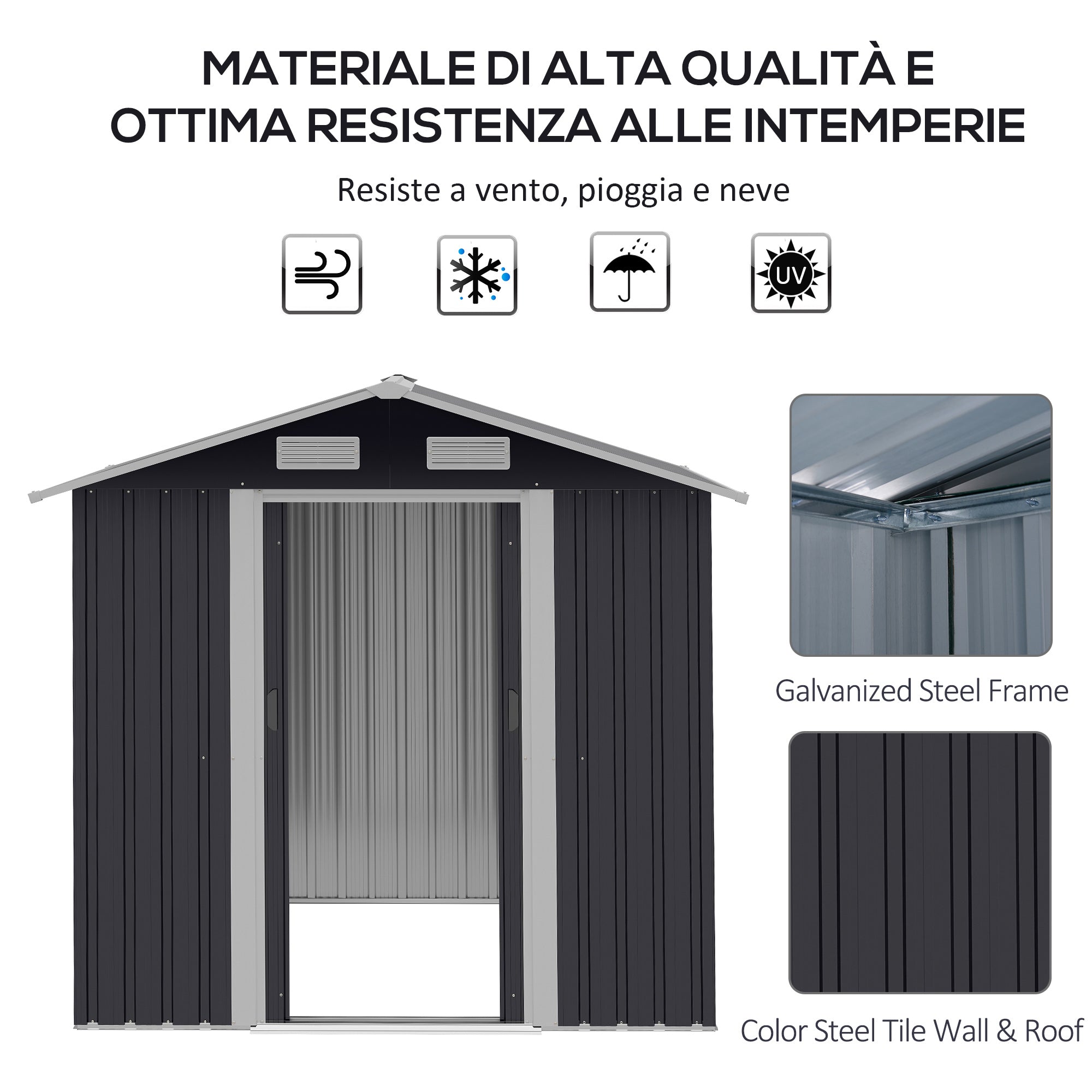 Galvanized Steel Garden Shed, Double Sliding Door and 4 Vents 2x1.5x1.9m - Borge' Group Limited