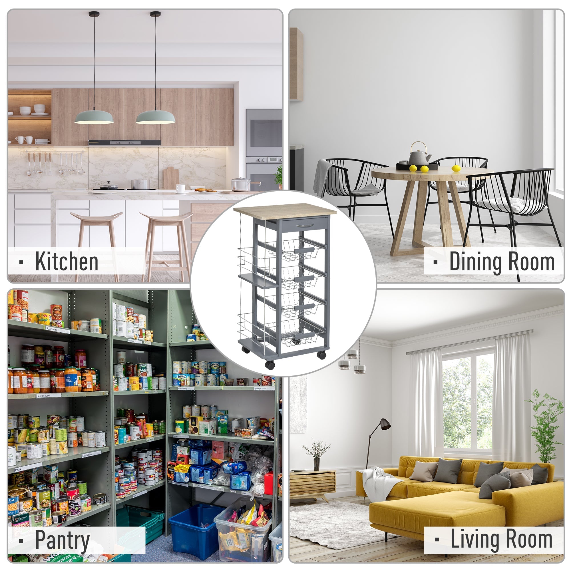 kitchen trolley in dark Grey with 1 drawer and 4 metal baskets - Borgè