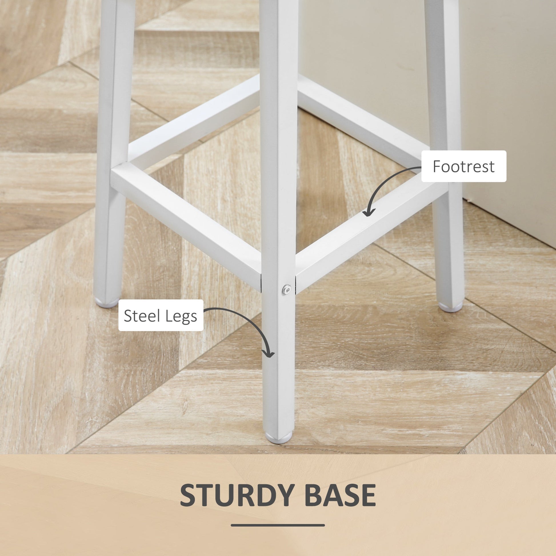 set 2 kitchen stools in chipboard and steel with smooth top and footrests, 32.5x32.5x65 cm, white and wood - Borgè