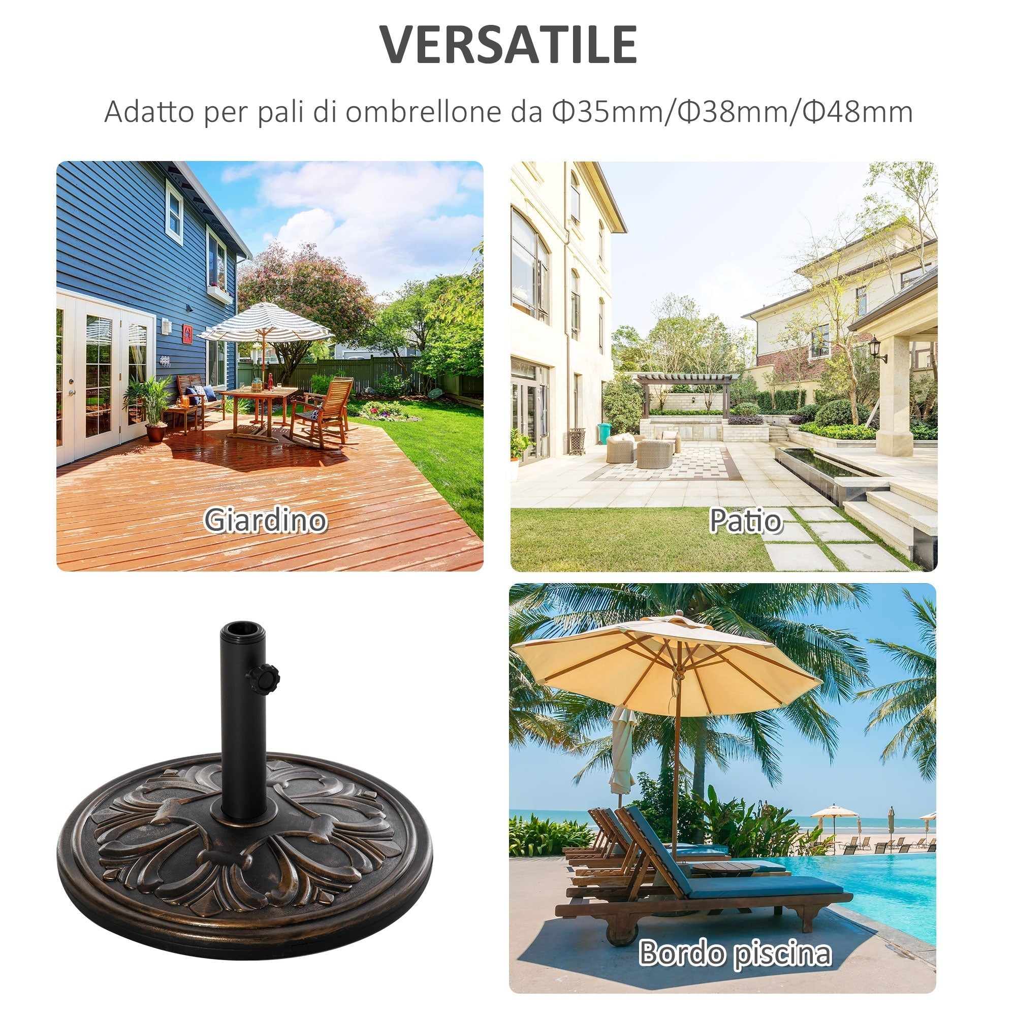Round Umbrella Base Ø48x34 cm in 13kg Plastic for Ø35/38/48 mm Poles, Bronze - Borge' Group Limited