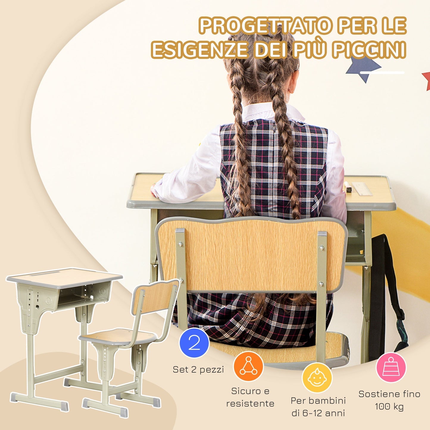 School desk with children's chair 6-12 years adjustable height container and carpels - wood - Borgè