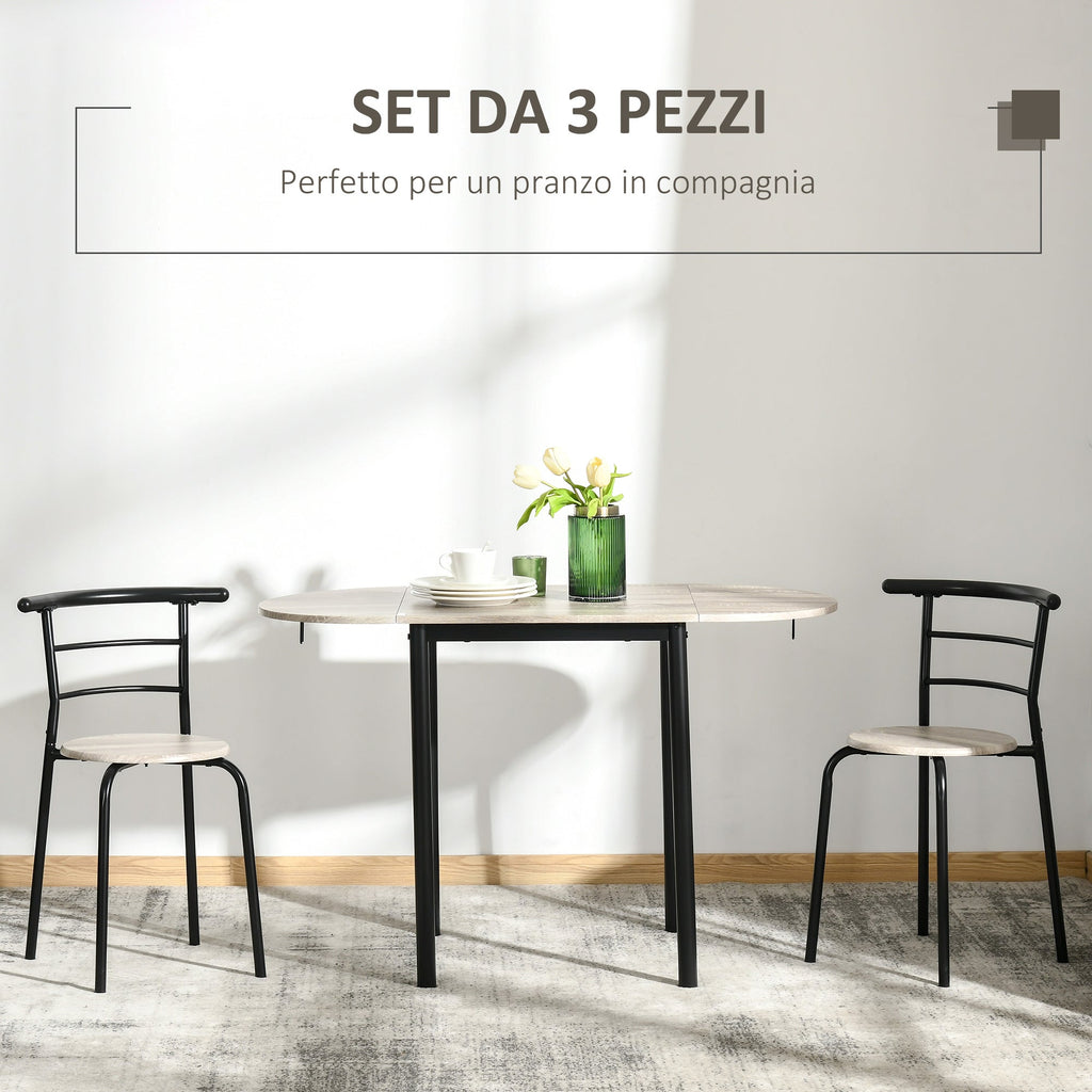 Set Dining 3 pieces with 2 chairs and 1 oval dining table in MDF and steel for limited spaces, wood color - Borgè
