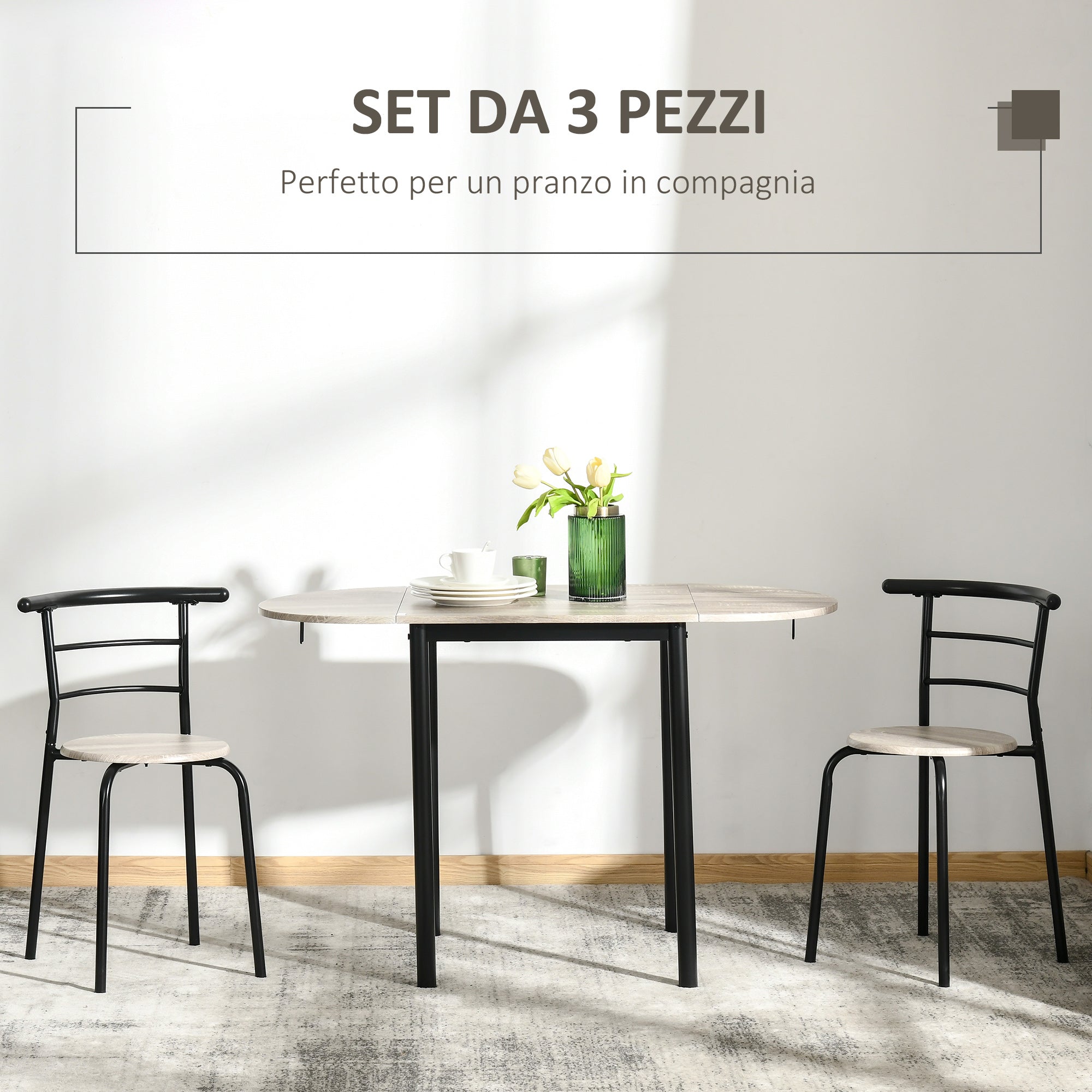 Set Dining 3 pieces with 2 chairs and 1 oval dining table in MDF and steel for limited spaces, wood color - Borgè