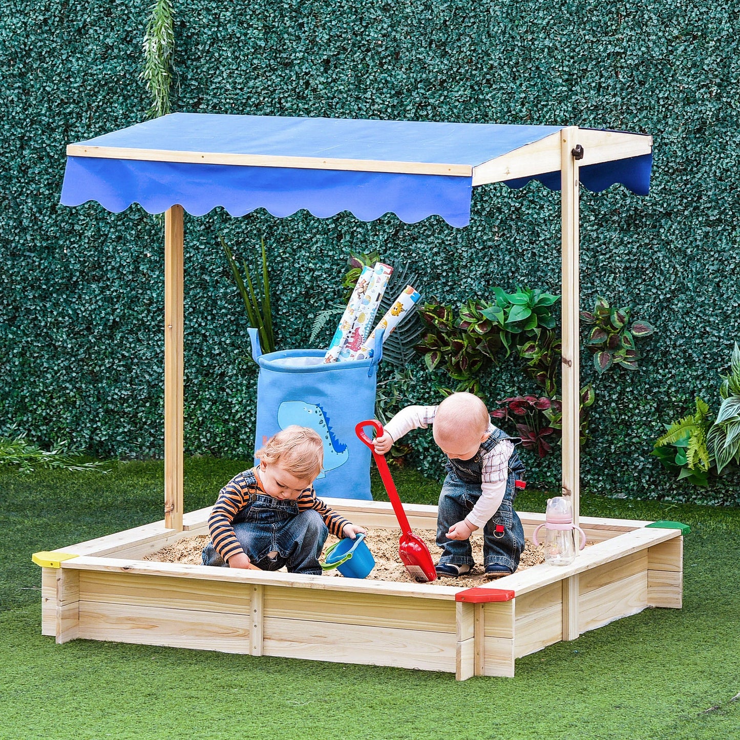 Outsunny Sabbiera For Children in Wooden Bench With Bench Adjustable Parasoles, 120x120x120cm - Borgè