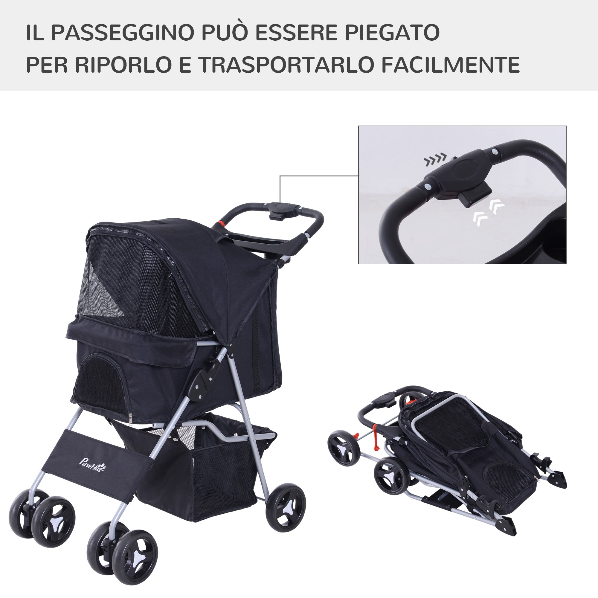 Dog Stroller for Mini and Small Dogs with 3 Zippered Nets, Foldable Pet Stroller in Steel and Oxford Fabric, 75x46x94 cm, Black - Borge' Group Limited