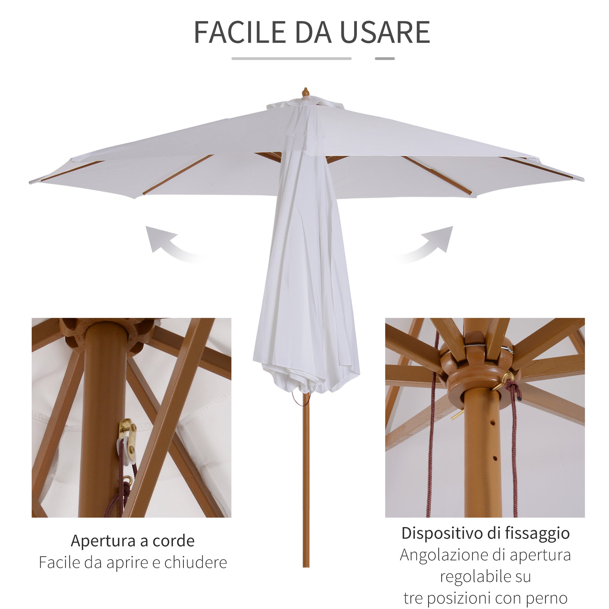 3x2.5 m Garden Umbrella with 8-Ribbed Wooden Pole, Made of Bamboo, Wood and Polyester, White - Borge' Group Limited