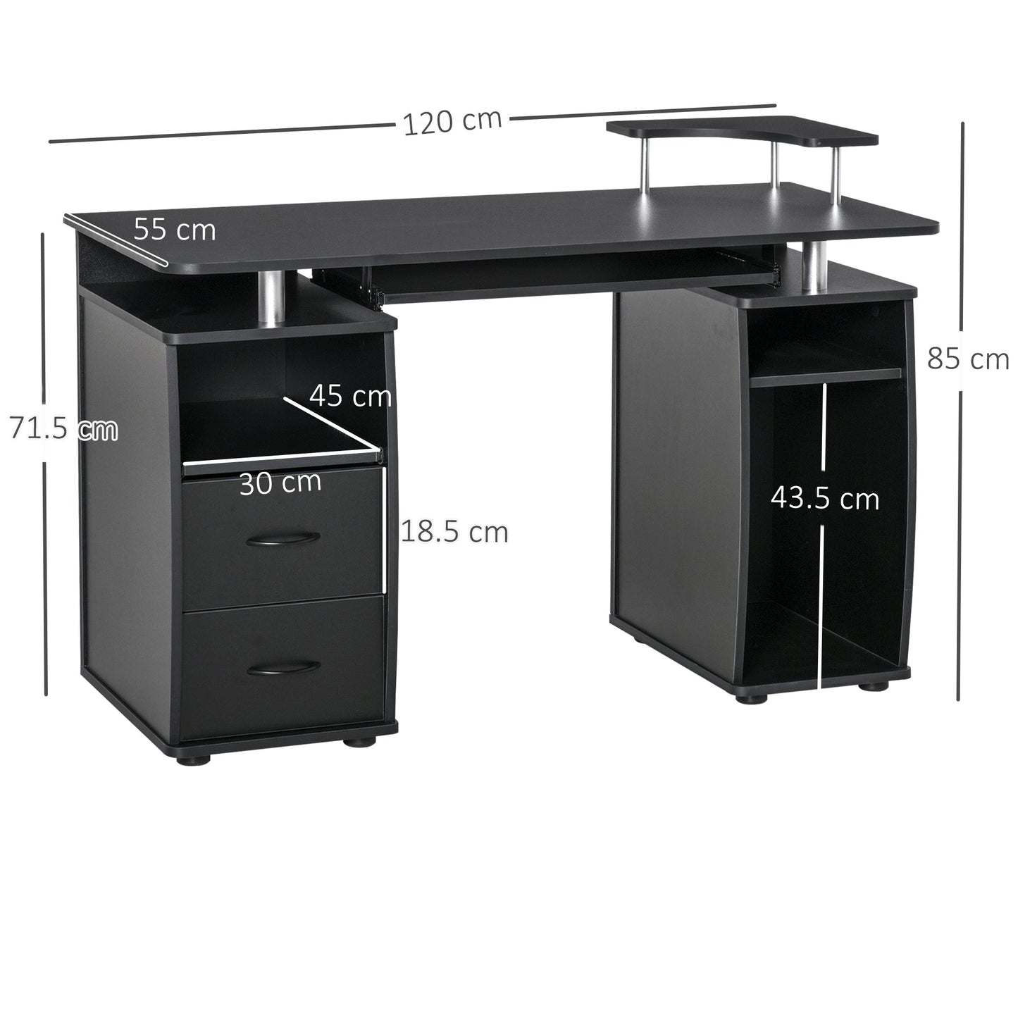 Wooden desk with drawers, removable shelf and raised black shelf - Borgè