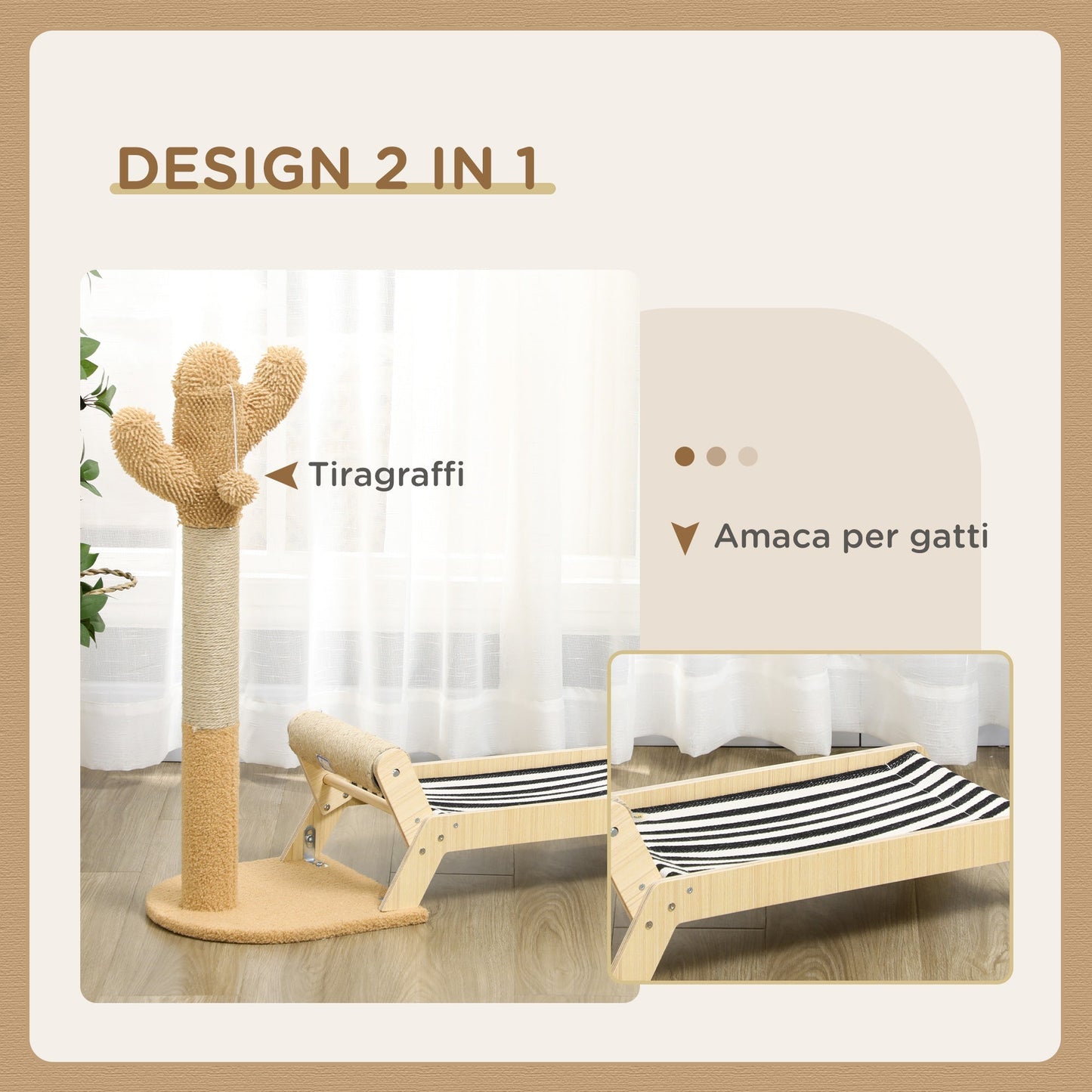 Cat Tree with Scratch Pole for cats in the shape of cactus design 2 in 1 for interiors, 88.5x31.5x76.5 cm - Borgè