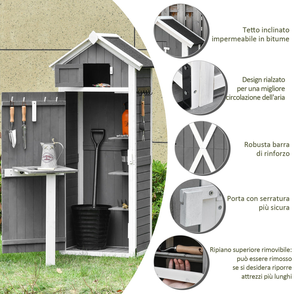 Garden Shed Fir Tool Storage with Removable Shelf and Work Table, 78x52.5x182 cm, Grey - Borge' Group Limited