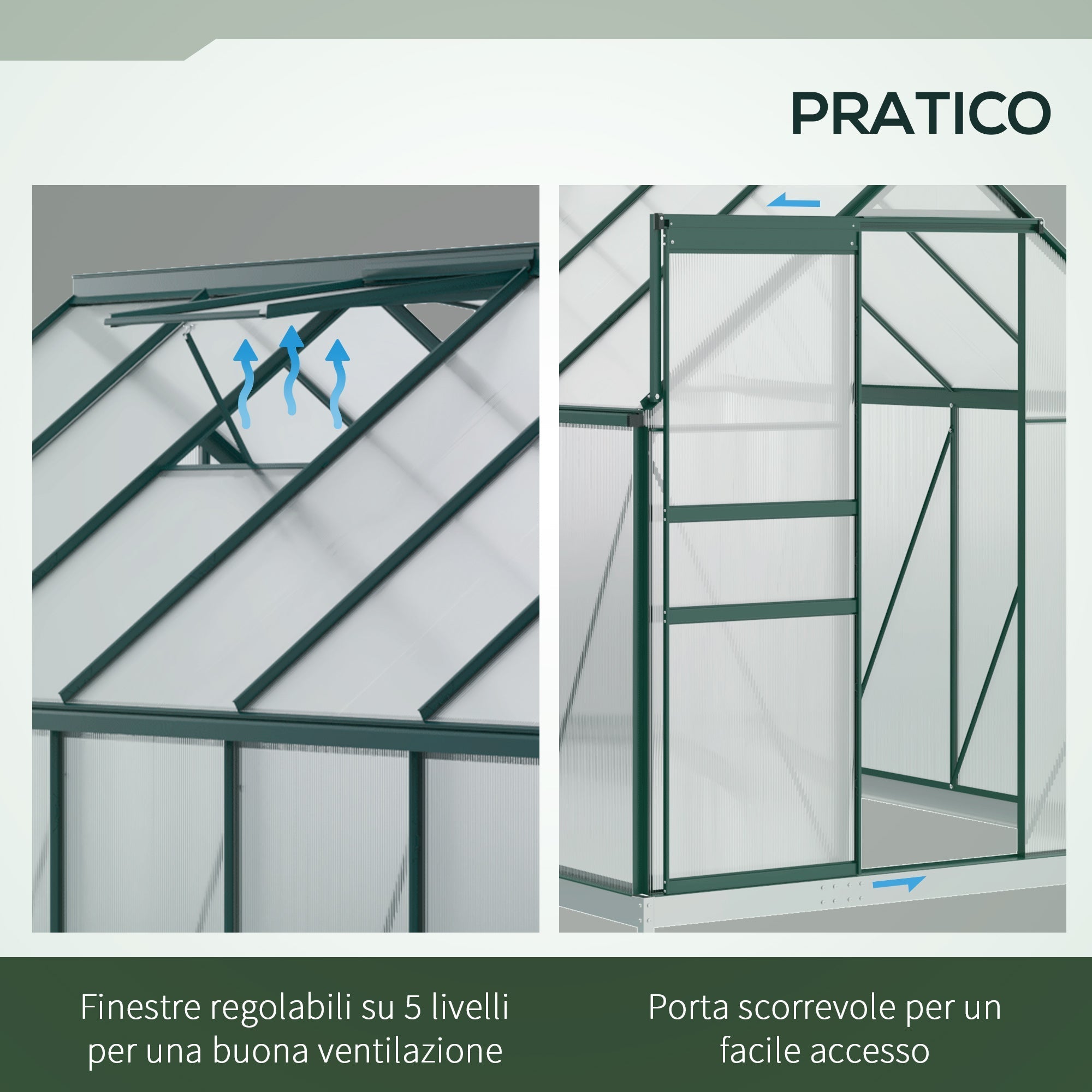 Polycarbonate Garden Greenhouse 190x375x199cm, with Opening Window and Sliding Door, Aluminum Frame, Green - Borge' Group Limited
