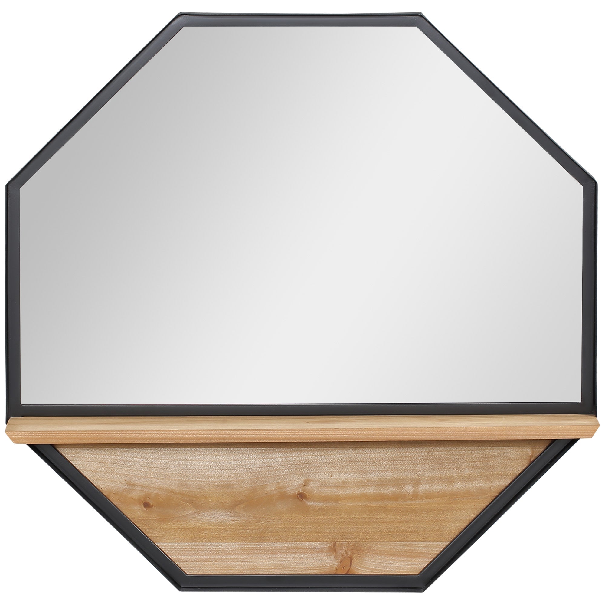 octagonal metal wall mirror with wooden shelf, 61x61cm black - Borgè