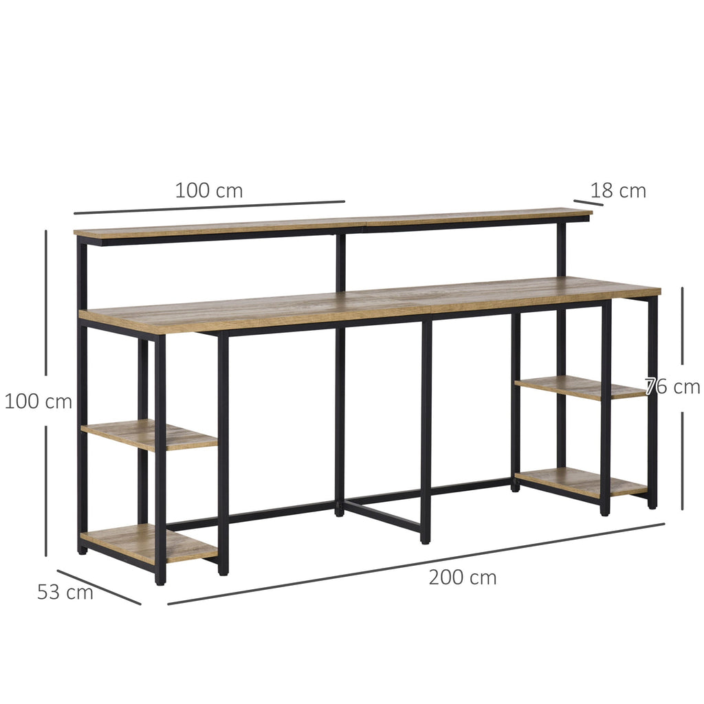 Homcom Double desk with shelves and industrial style shelf in metal and mdf, 200x53x100cm, black brown - Borgè