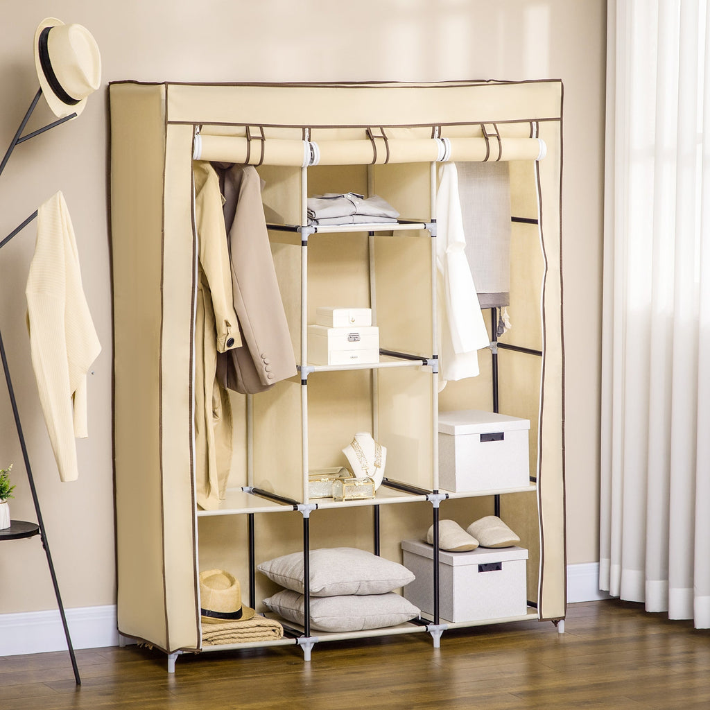 fabric wardrobe with 8 shelves and 2 bars, portable wardrobe with roller shit, 125x43x162.5cm, beige - Borgè