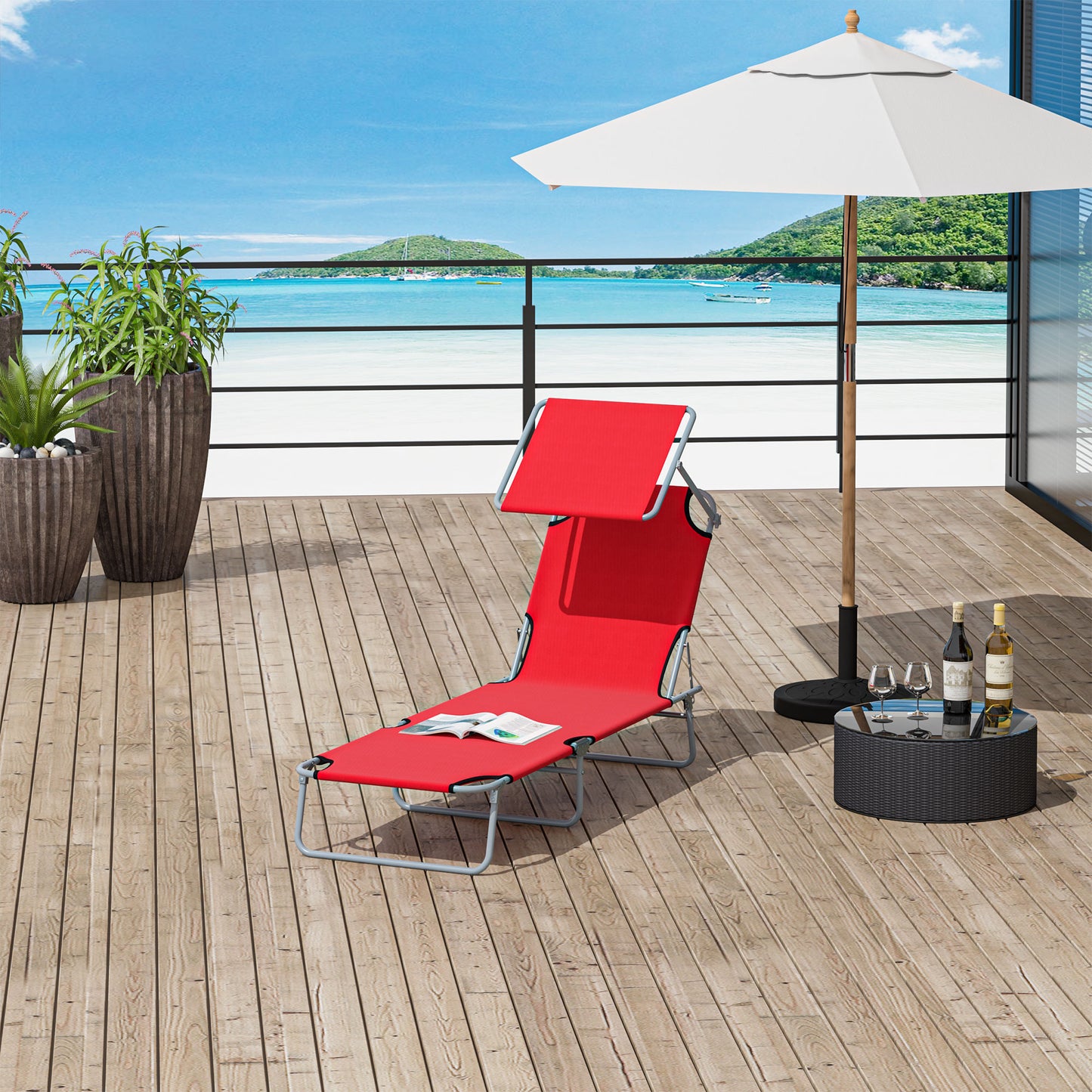 Outsunny folding garden deckchair with adjustable roof and backrest reclining at 4 levels, red - Borgè