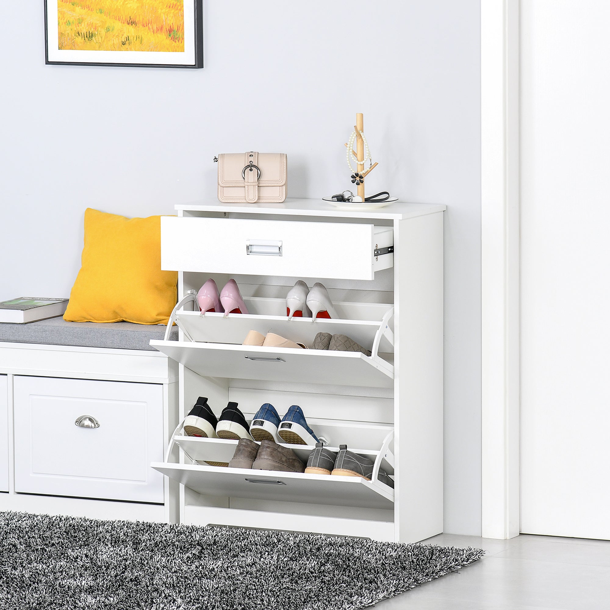 Modern Wooden Shoe, 2 drawers can contain 16 pairs of shoes 70x29x92cm, white - Borgè