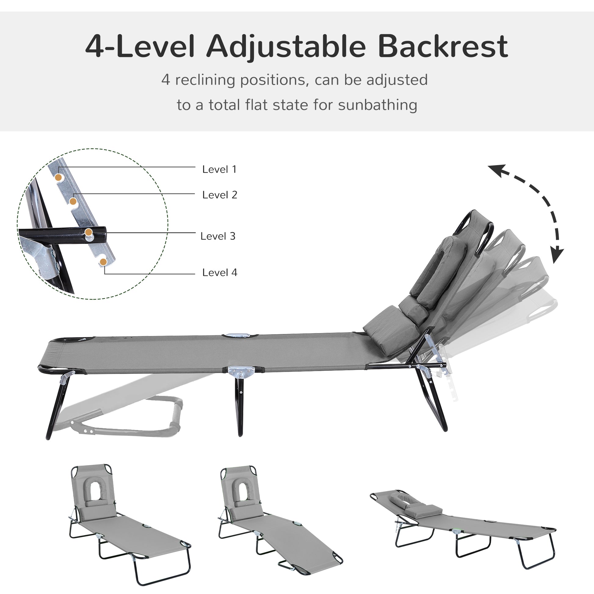 Outsunny folding sunbath with hole for the padded face and reclining back, gray - Borgè