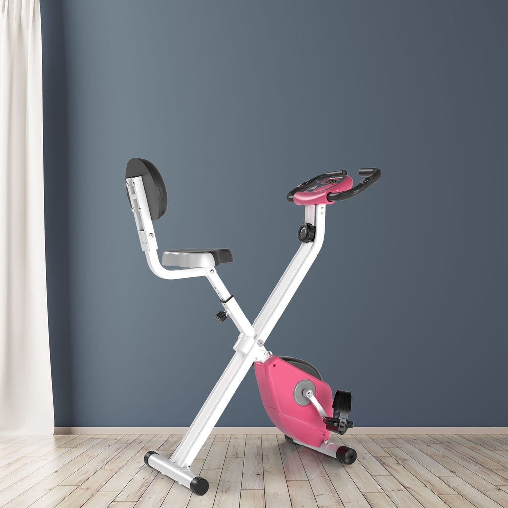 Folding Exercise Bike with 5 Adjustable Positions and 8 Levels of Magnetic Resistance, X-Shaped Structure, 43x97x109cm, Pink and White - Borge' Group Limited