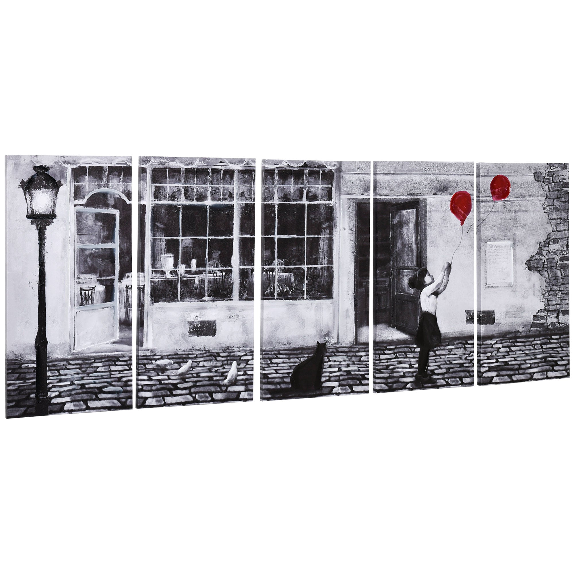 Canvas Print with Little Girl, 80x40cm, 5 Pieces for Home and Office, Pine Wood Canvas and Water-Based Paint, Black White Red - Borgè