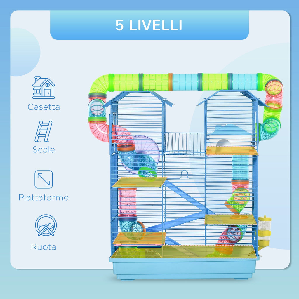 Pawhut for hamsters and 5 -storey rodents with colored pipes, wheel, small house and accessories included, blue, 47x30x59cm - Borgè