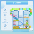 Pawhut for hamsters and 5 -storey rodents with colored pipes, wheel, small house and accessories included, blue, 47x30x59cm - Borgè