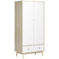 wardrobe 2 wooden doors with 4 rooms, 2 drawers and hangers, wood and white color, 90x50x190cm - Borgè