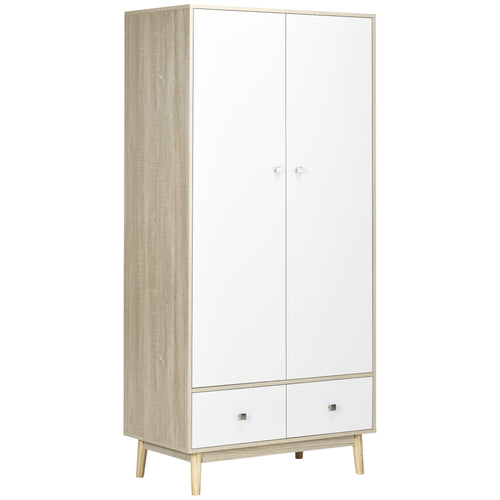 wardrobe 2 wooden doors with 4 rooms, 2 drawers and hangers, wood and white color, 90x50x190cm - Borgè
