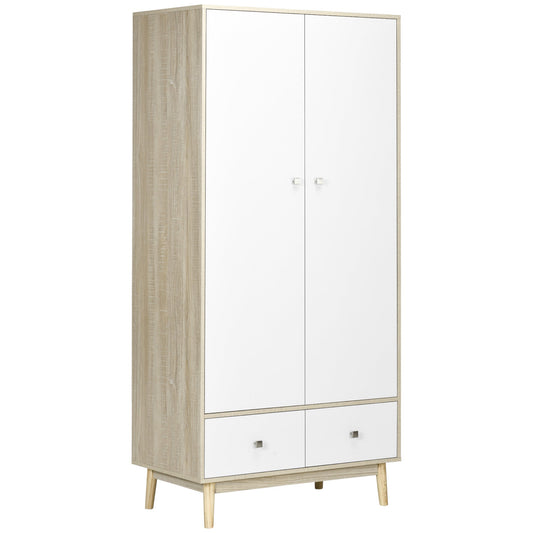 wardrobe 2 wooden doors with 4 rooms, 2 drawers and hangers, wood and white color, 90x50x190cm