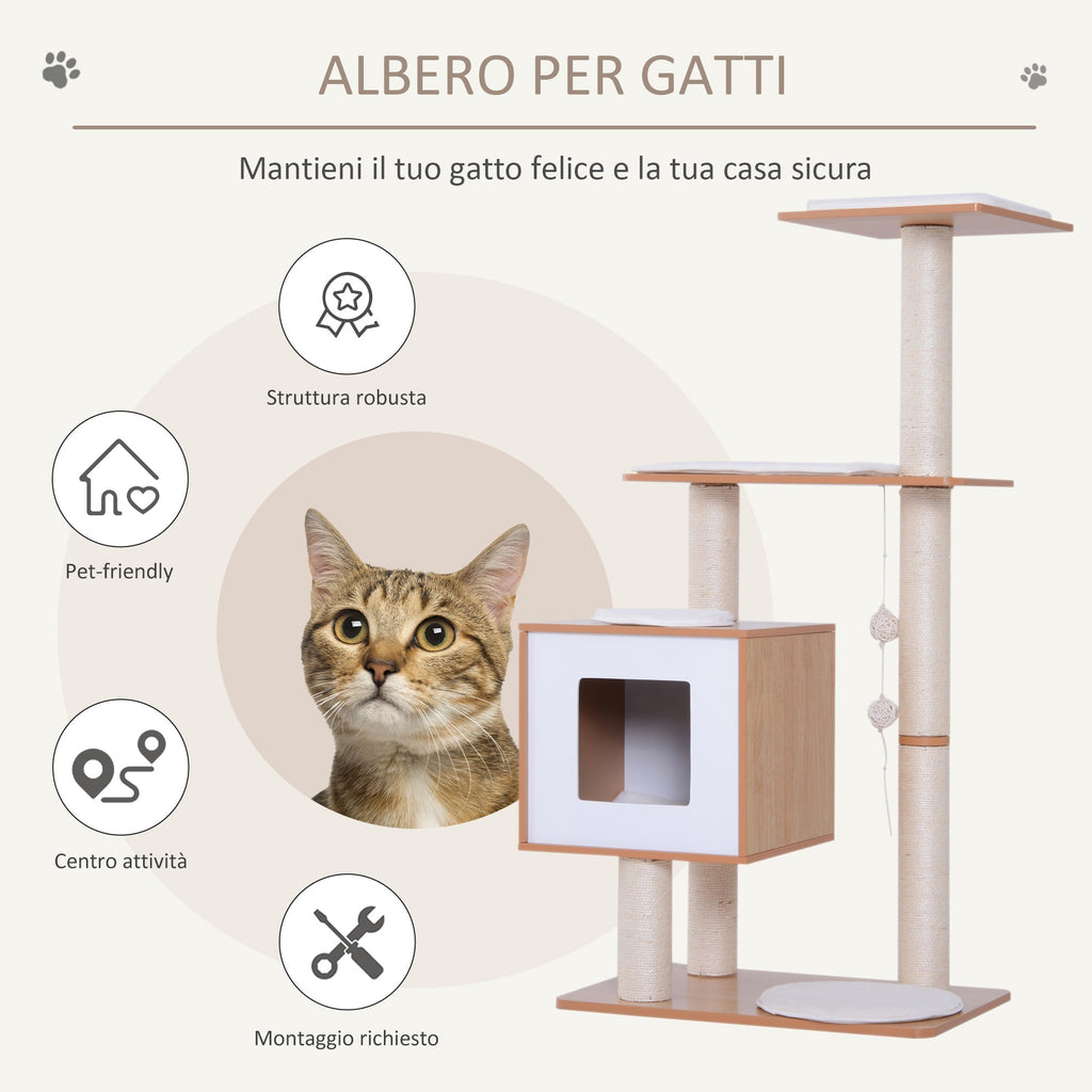 Wooden Cat Tree for cats with Scratch Pole 120cm | 71.5x49.5x120cm Wood, White - Borgè