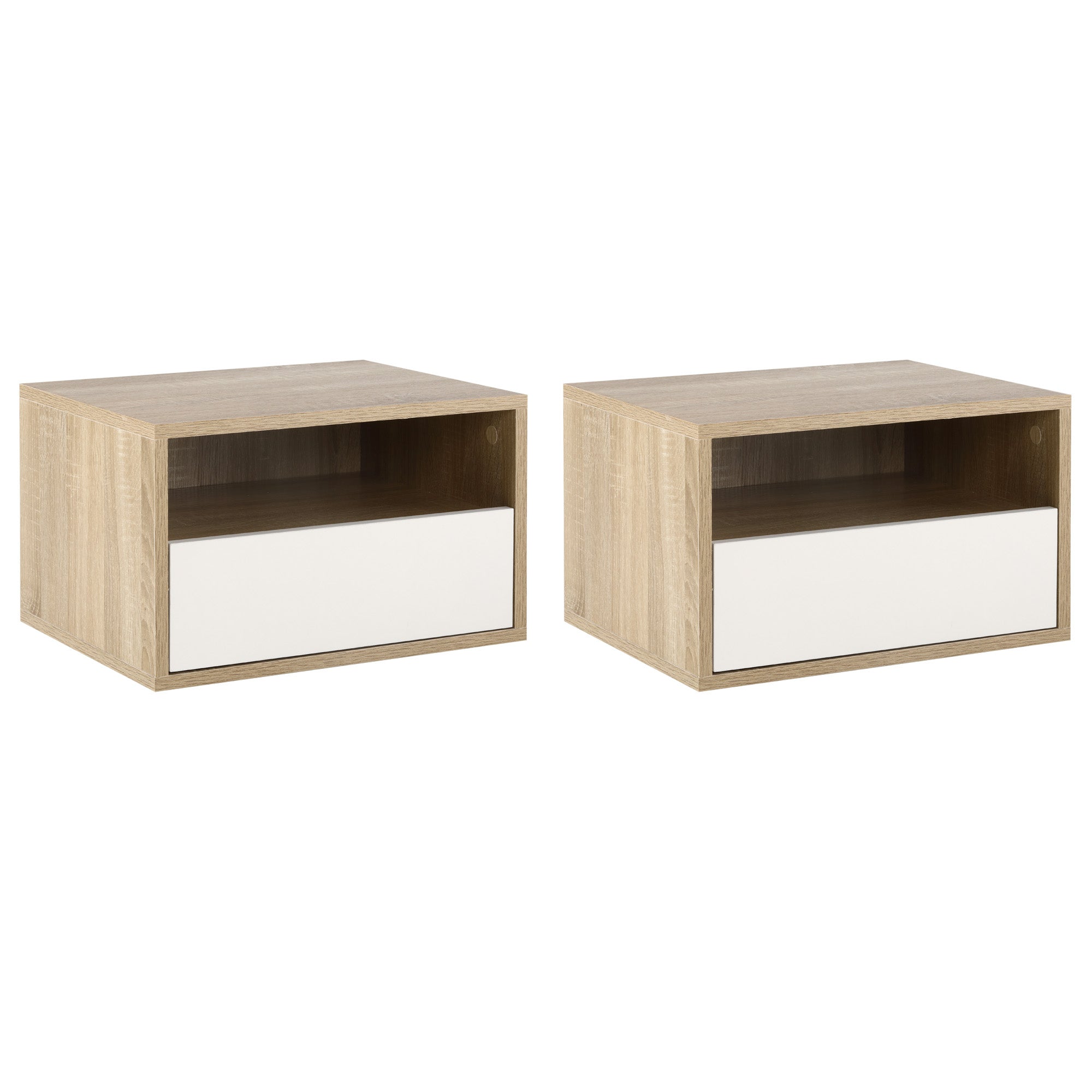 Set 2 Bedside tables suspended with drawer and shelf 45x35x27.5cm - White and wooden color - Borgè